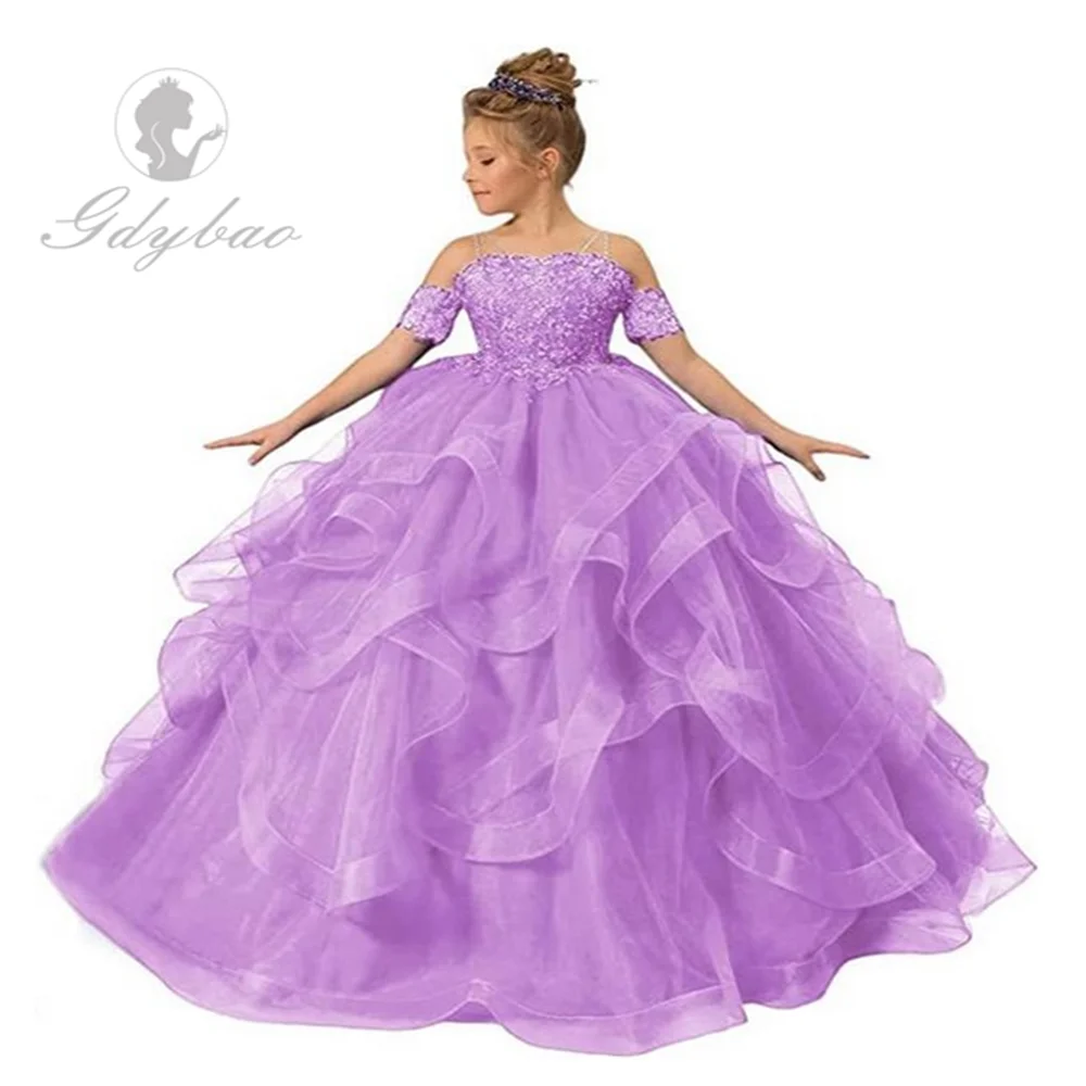 Abiti da ragazza di fiori gonfi neri per perline da sposa cinturino per Spaghetti bambini abbigliamento formale Ruffles Tier Tulle vestito da prima comunione