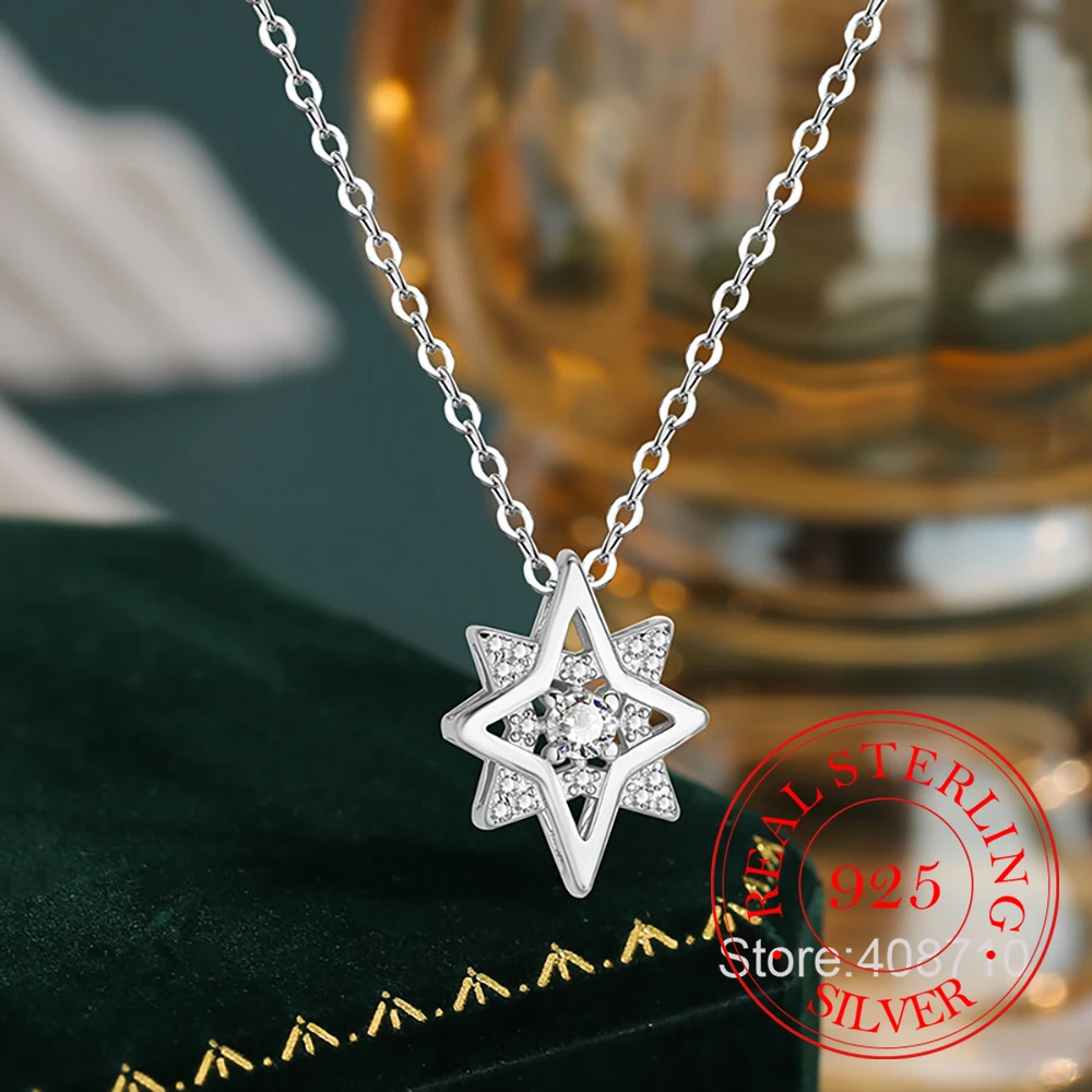 925 Sterling Silver Zircon Crystal Eight-pointed Star Pendant Necklace For Women Choker Chain Wedding Engagement Jewelry Gift