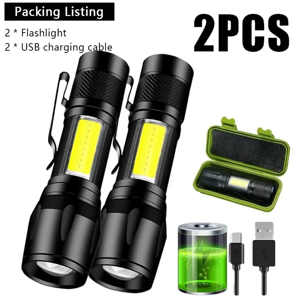 Mini LED Flashlight COB+XPE Portable Torch USB Charging Camping Lantern Zoomable Focus Light Tactical Flashlight with Pen Clip