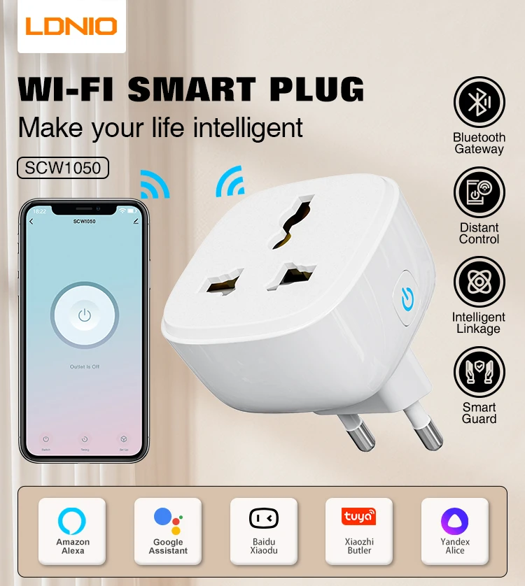 LDNIO UK EU Tuya Home Wifi Smart Electrical Plug with Socket Customized Logo Brand Wall Socket Alexa Google Plug