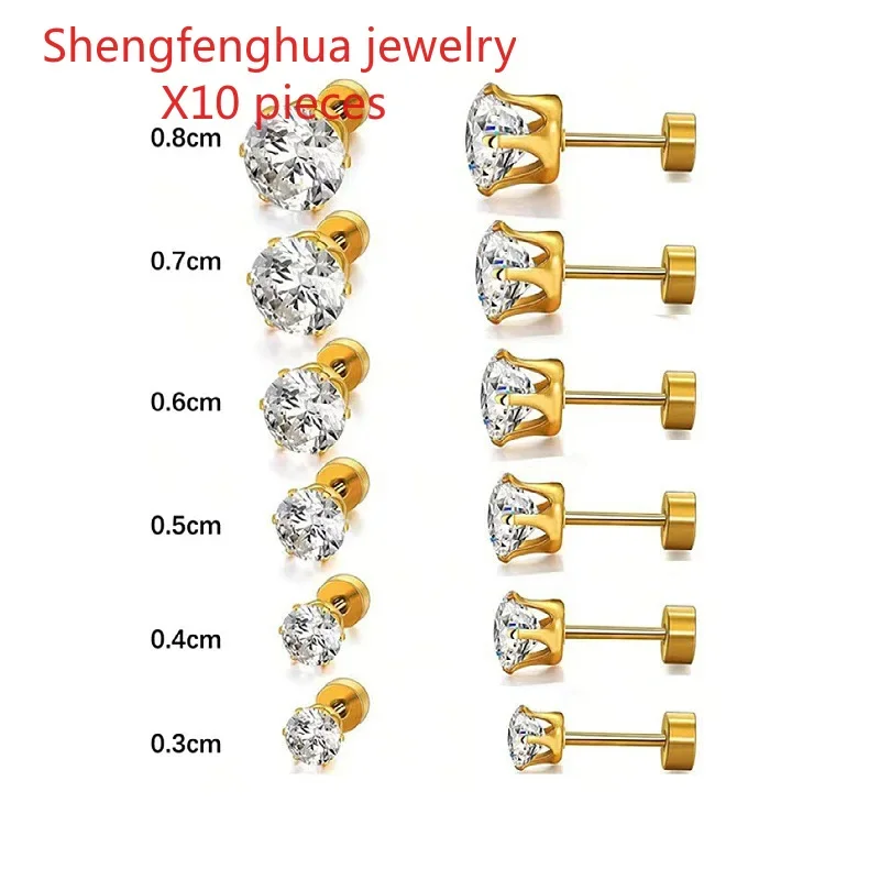 200 pieces per set  titanium steel six-claw round cake zircon anti-allergic gold-plated 18k unisex earrings