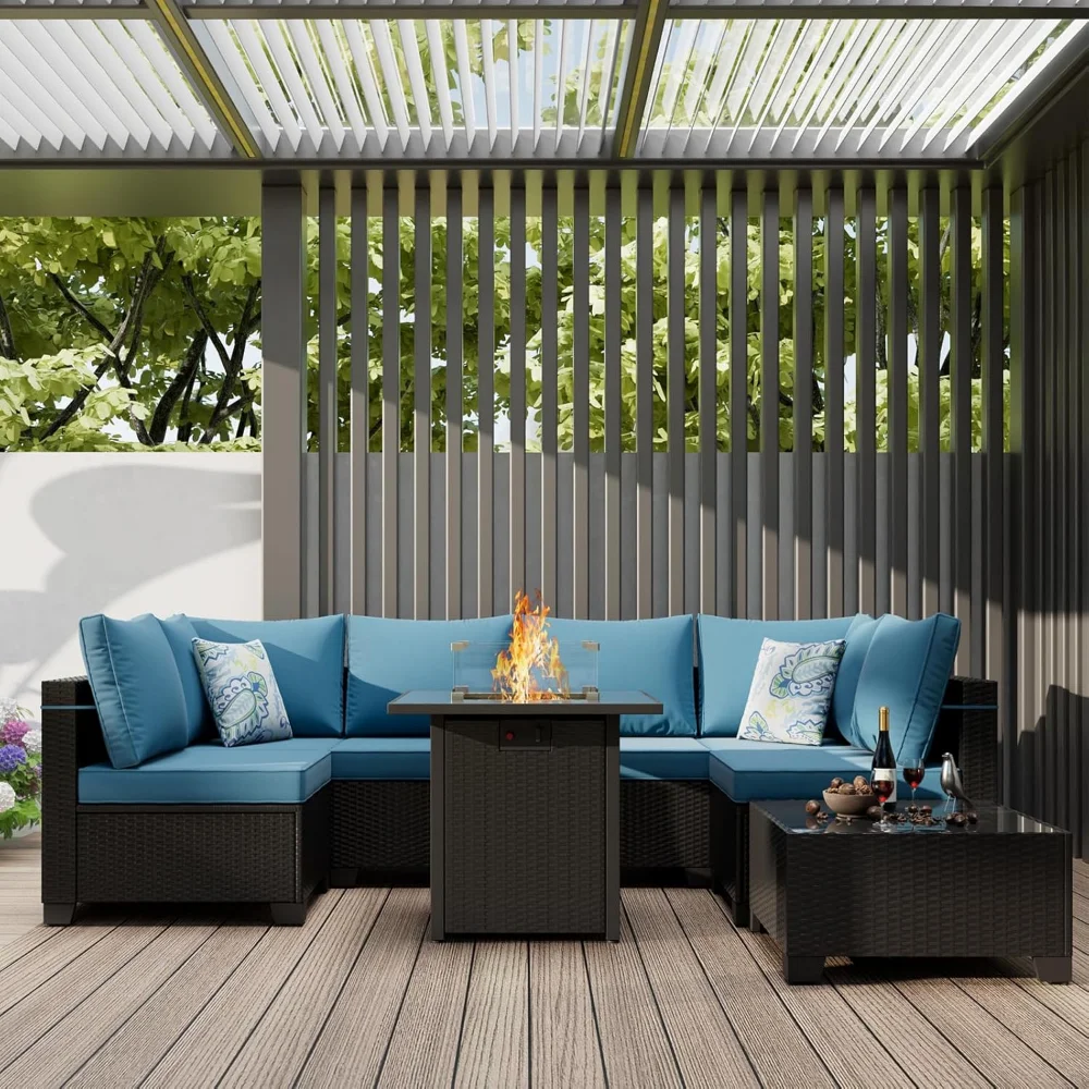 

8 Piece Outdoor Patio Conversation Furniture Sets Sectional Wicker Furniture Set with 28In Fire Pit Table