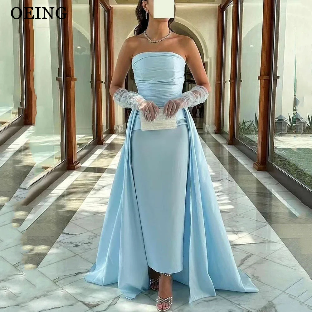 

OEING Sky Blue Mermaid Prom Dresses Strapless Pleated Arab Ruffles Ankle-length Saudi Elegant Formal Evening Wedding Party Dress