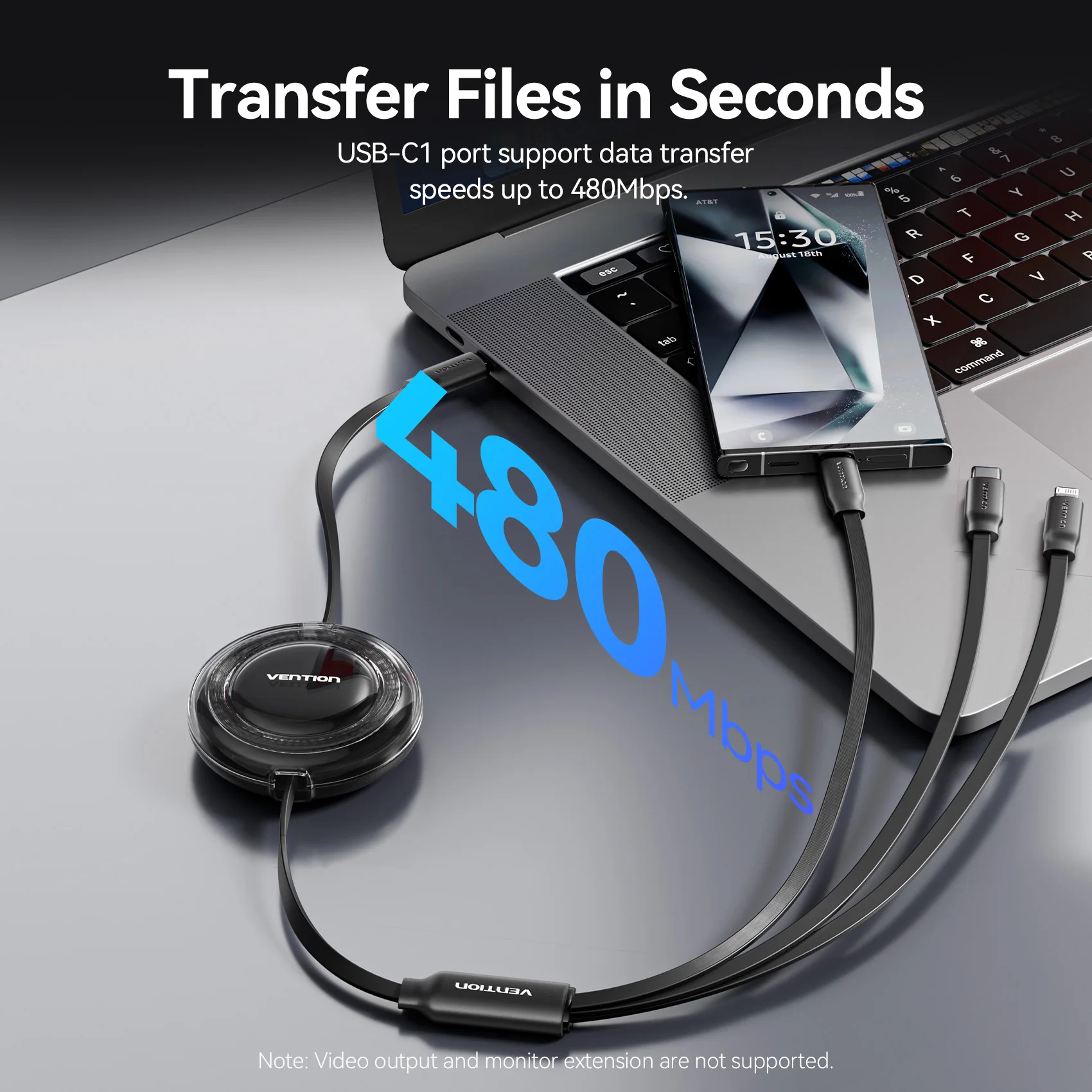 Vention 100 Вт USB C Тип C Кабель 3 в 1 Выдвижной кабель USB C Шнур для быстрой зарядки для iPhone 16 15 Macbook Портативный провод типа C