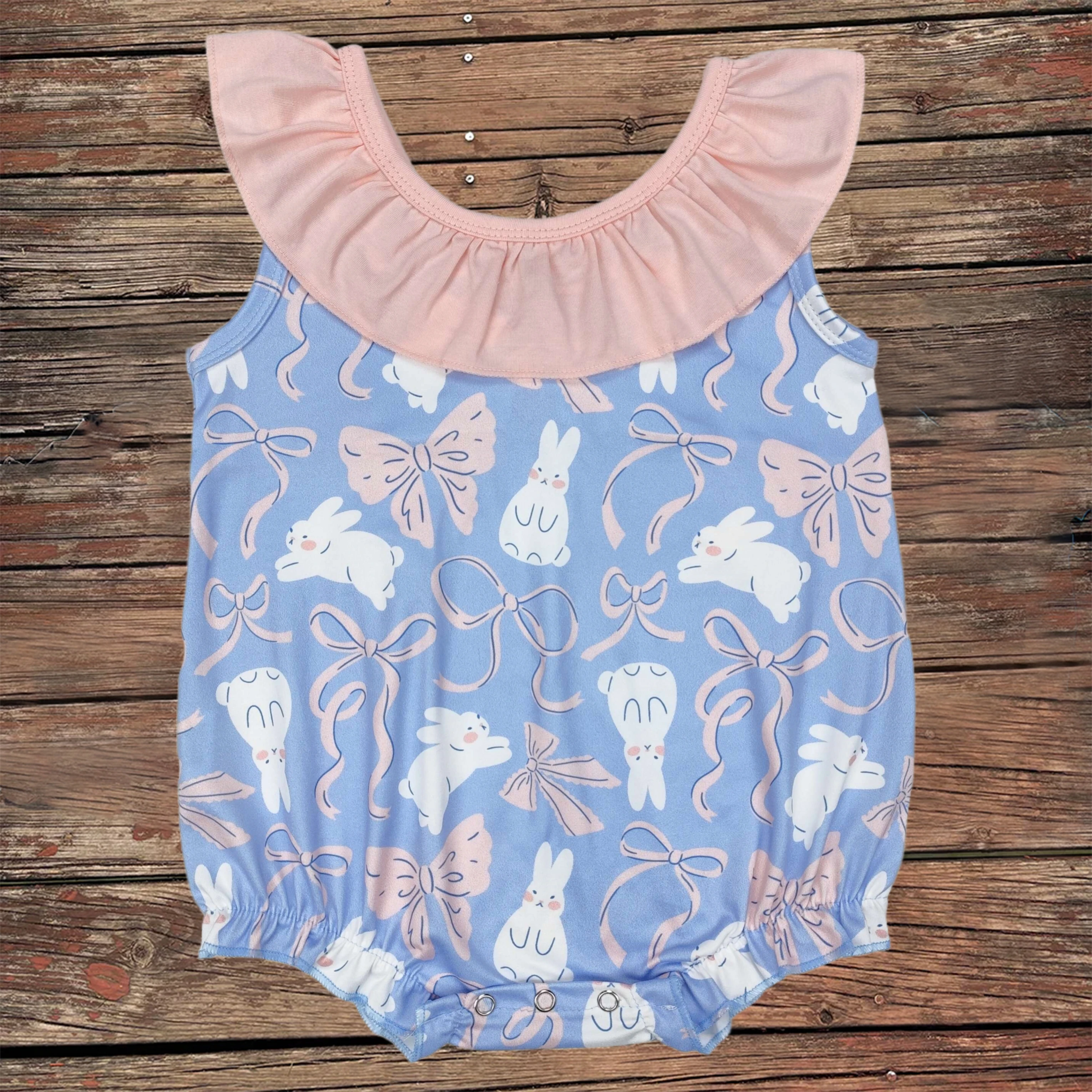 

Wholesale Newborn Baby Girl Easter Clothing Infant Children Short Sleeves Bubble Romper Kids Toddler Rabbits Ruffle Clothing