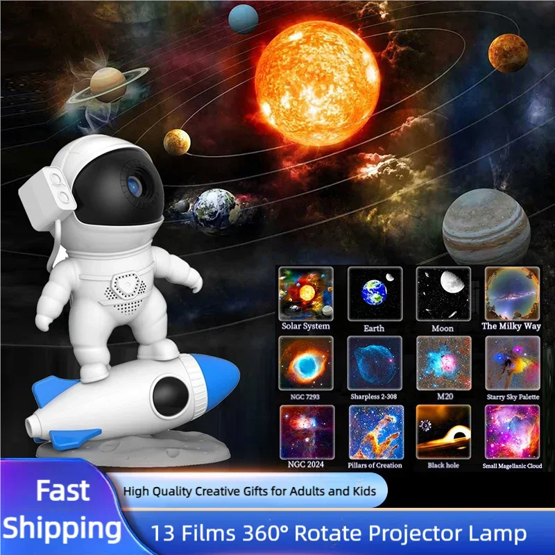 

Rocket Astronaut Galaxy Projector Night Light Lamp And 13 Film Pieces Sky Projector 360° Rotate Planetarium For Kids Bedroom