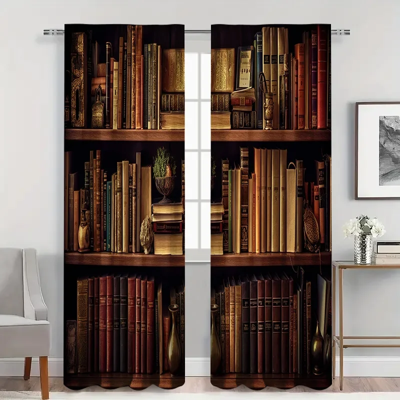 2pcs Vintage Bookshelf Curtains with Rod Pocket, Brown Leather Book Spine Print Sheer, Classic Study Theme for Cozy Living Room