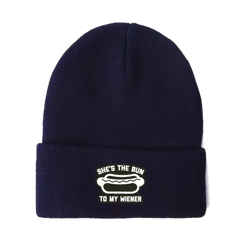 She Is the Bun to My Wiener. Men's Warm Winter Hats, Acrylic Knitted Cuffs, Hats, Men's and Women's Beanie Hats
