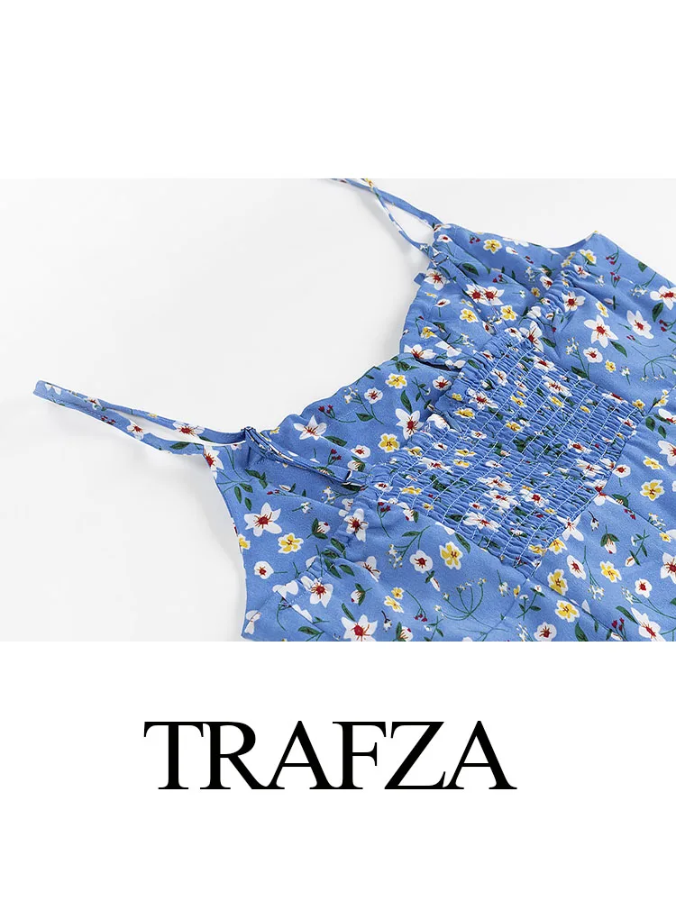 TRAFZA, moda para Mujer, vestido sencillo con cordones en el pecho, vestido Floral azul con tirantes, vestido elegante sin espalda con dobladillo y abertura, vestido ajustado sin mangas para Mujer