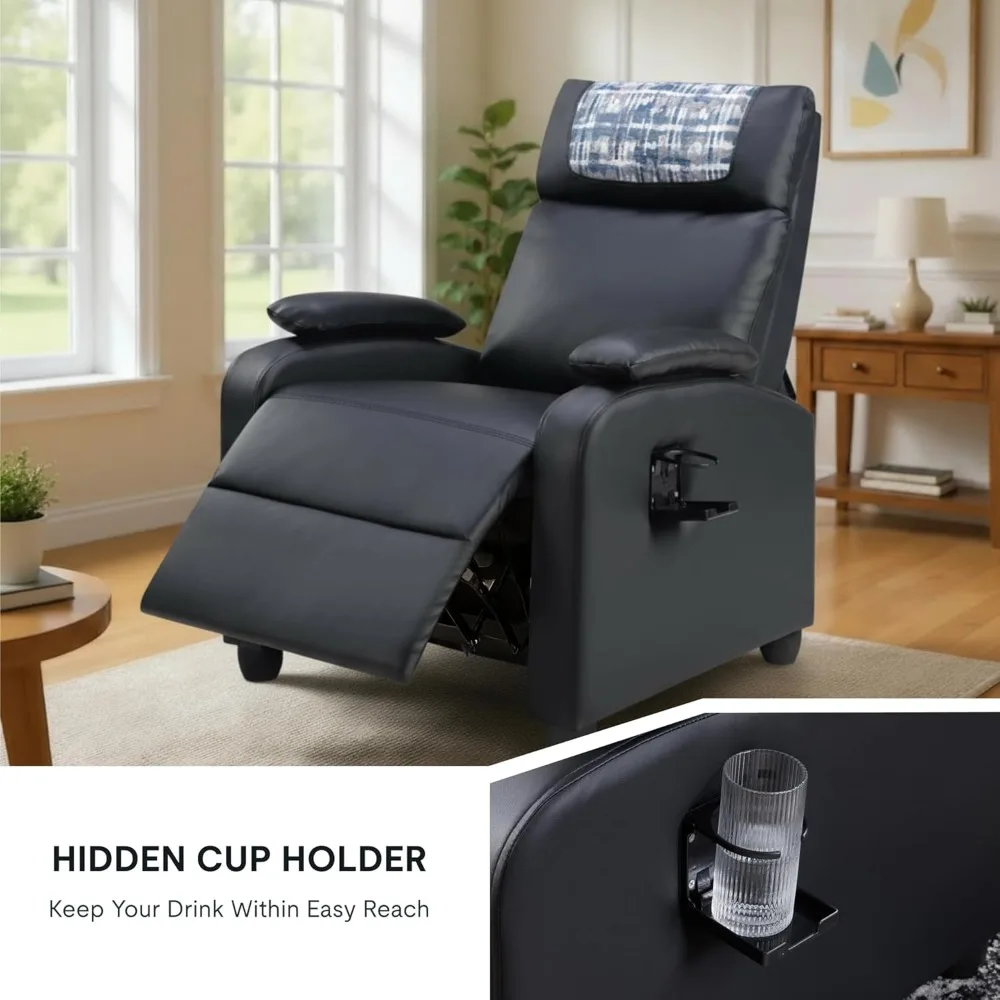 كرسي كرسي حديث مع حامل أكواب وغطاء مسند للرأس، كرسي بذراعين من جلد البولي يوريثان الأسود مع مسند للقدمين ممتد