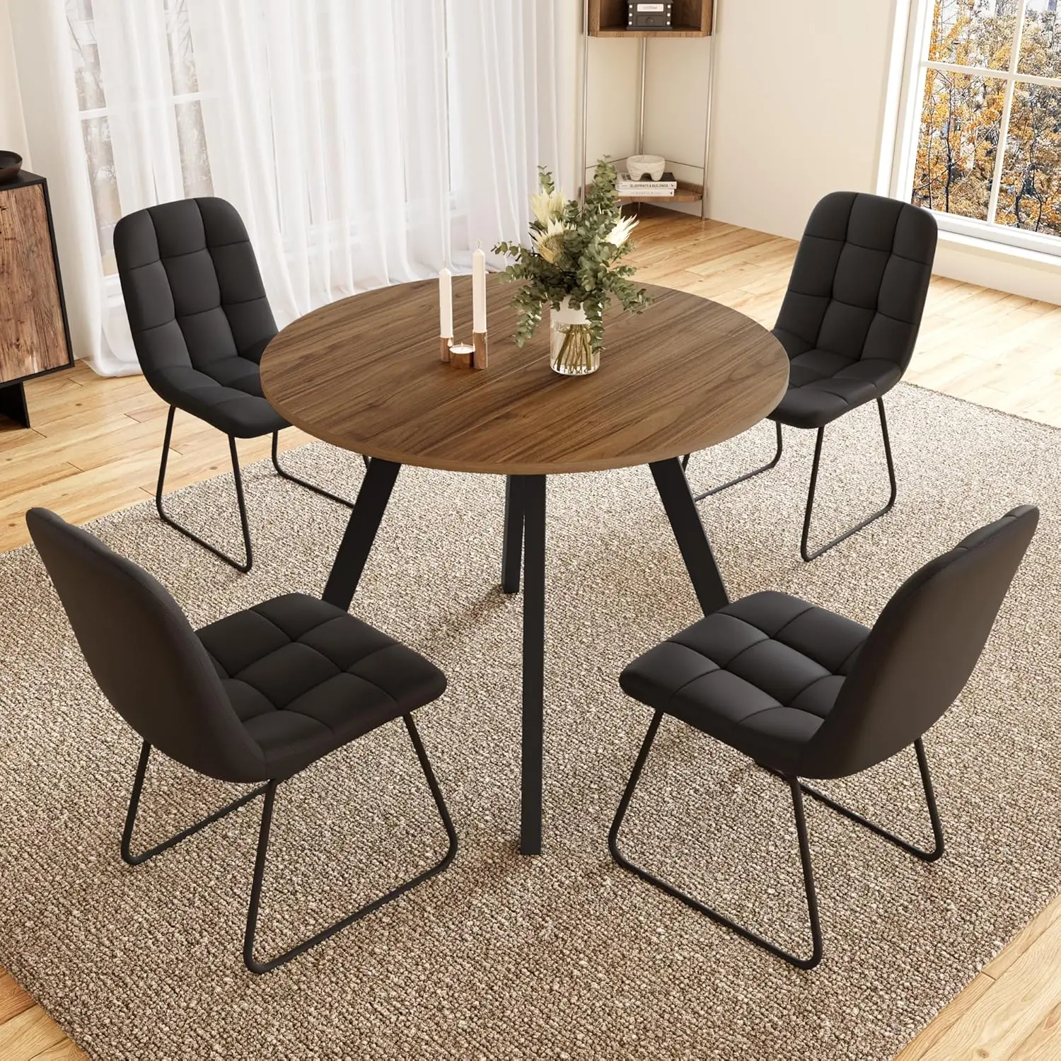 

34.6'' Round Dining Table and Chairs for 4 Space Saving for Apartment Kitchen Dining Room (Walnut Table+4 U-Shaped Black Chairs)
