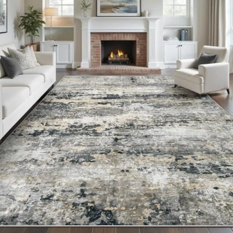

Washable 8x10 area rug for living room: modern abstract neutral soft non-slip low-pile indoor carpet in black grey brown, ideal