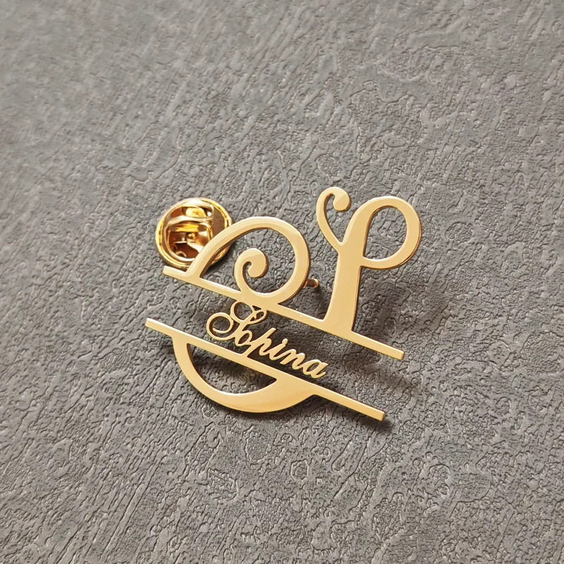 Custom Initials Brooches Metal Anti-glare Lapel Pin Fixed Clothes Letter Pins Stainless Steel Weater Coat Clothing Women Jewelry