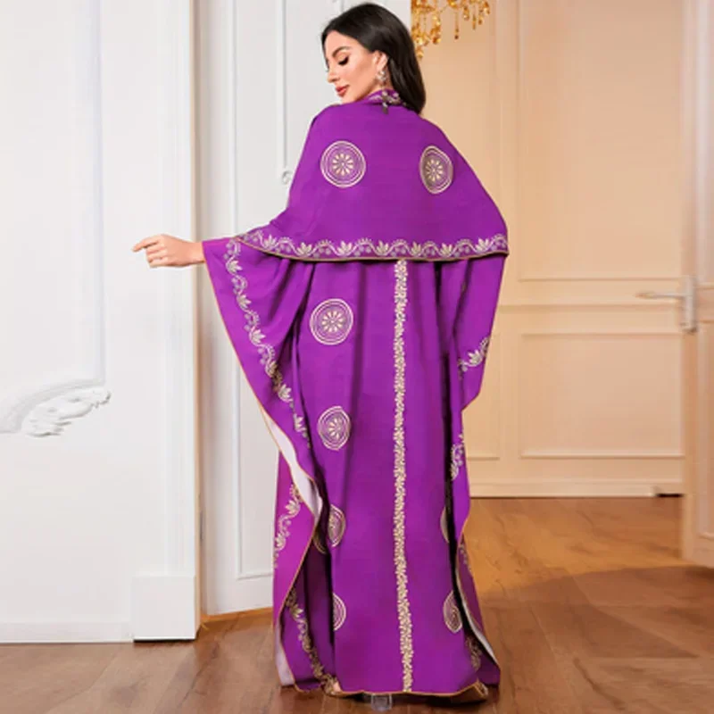 

Autumn Muslim Middle Eastern Women's Robe Dress V-Neck Bat Sleeve Ethnic Matching Scarf Two Piece Ankle Female Fashion Dresses