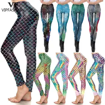 VIP FASHION Leggings de sereia coloridas para mulheres cintura alta escamas de peixe calças justas de elastano push up calças de corrida