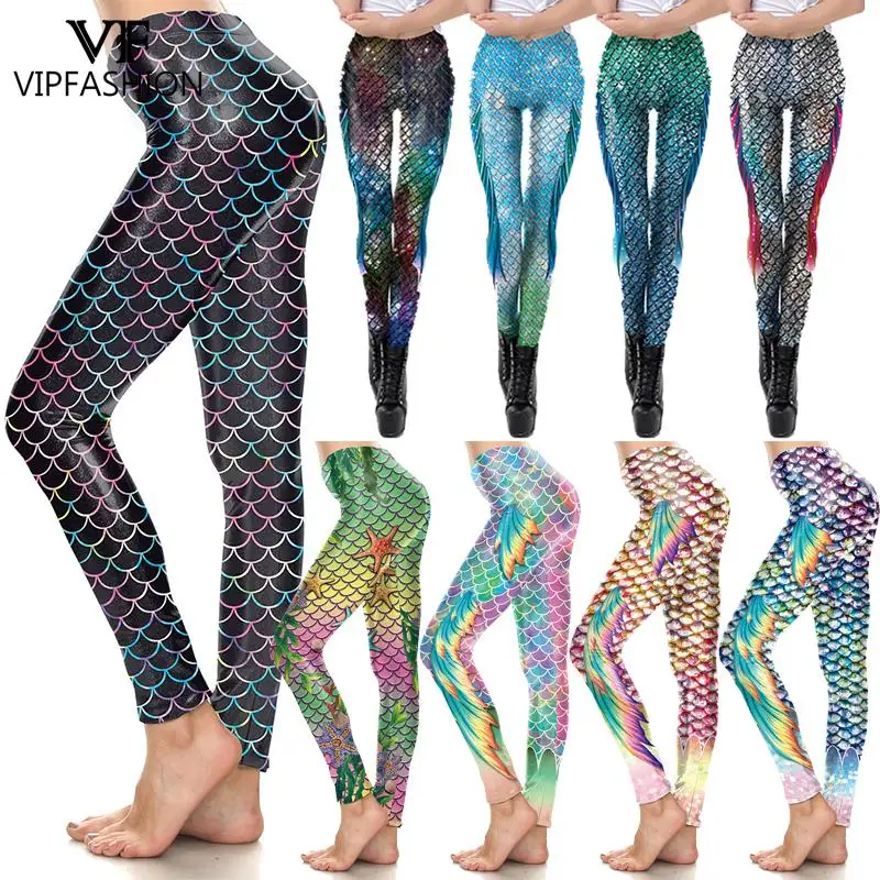 VIP FASHION Kolorowe legginsy syreny dla kobiet z wysokim stanem, rajstopy z łuskami ryb, obcisłe spodnie ze spandexu, spodnie do biegania z efektem push-up