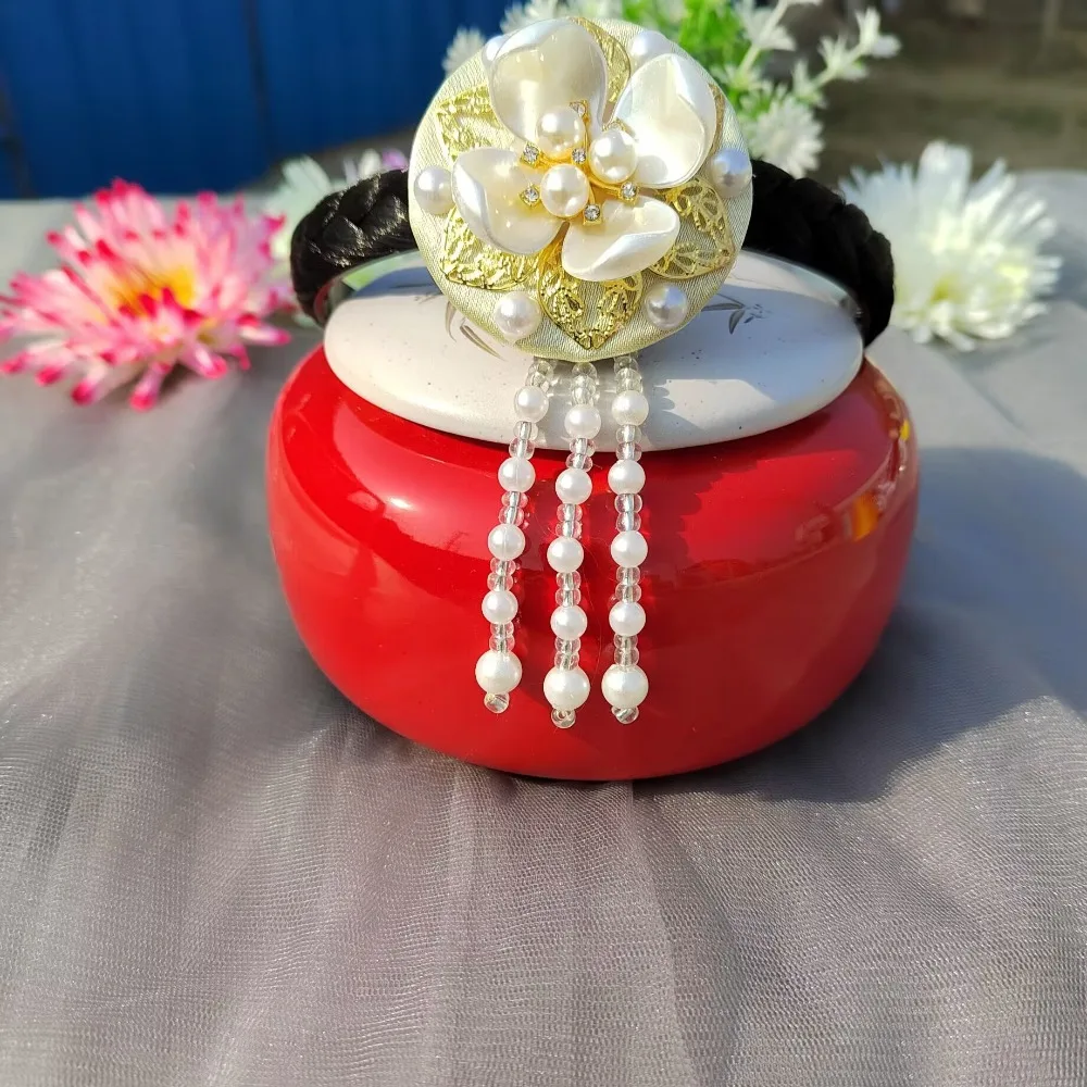 

Sweet Flower Korean Headband Pearl Beaded Hanbok Hairband Tassels Headdress Stage Dance Hair Hoop Wedding
