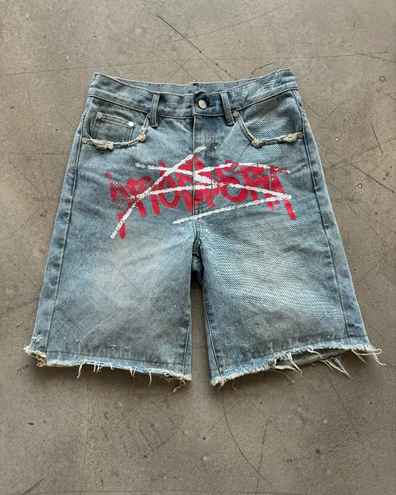 European and American Street Y2k Harajuku Shorts Gothic Punk Fashion Letters Colorful Printed Jeans Loose Casual Denim Shorts