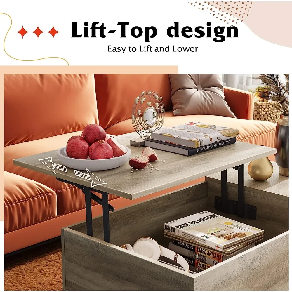 Lift Top Coffee Table with Storage for Living Room, Small Hidden Compartment and Adjustable Shelf, Mid Century Modern, Wood