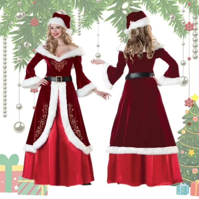 Disfraz de Papá Noel, Vestido cálido de invierno, traje de Cosplay de Navidad, uniforme de celebración festiva para adultos, Vestido elegante, Disfraz de Navidad