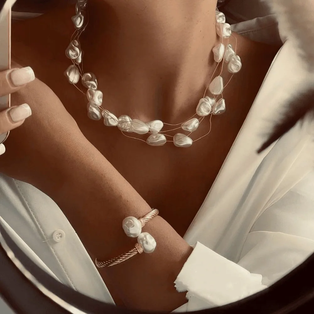 2pcs/set Hot  Irregular Imitation Pearl Chain Necklace Bracelet Jewelry Sets Unquie For Women Party Wedding Jewelry Gift S011