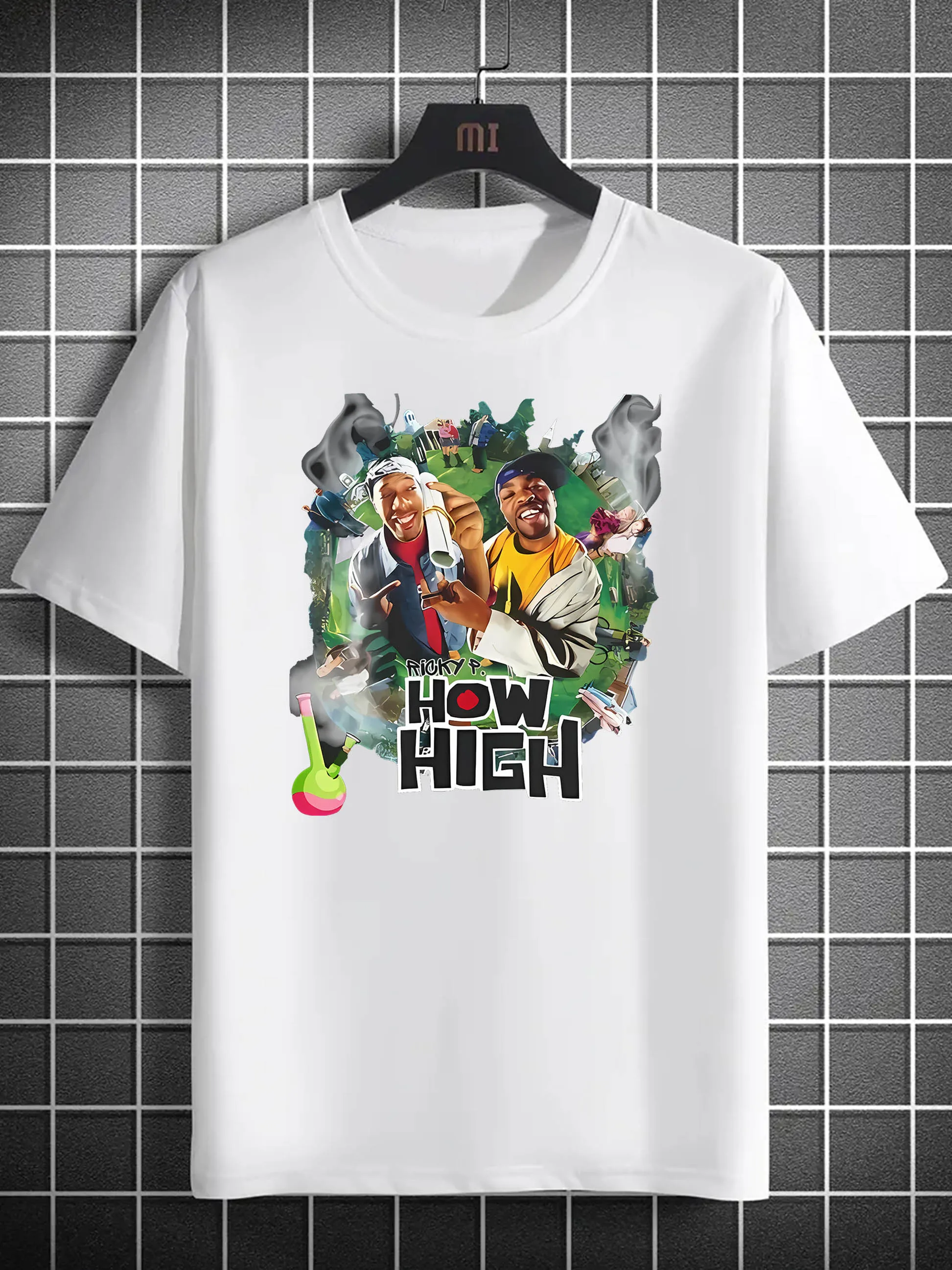 [Cool Graphic Tee] Lightweight Polyester Men's "HOW HIGH" Graphic Tee Bold Red Crew Neck Short Sleeve T-Shirt