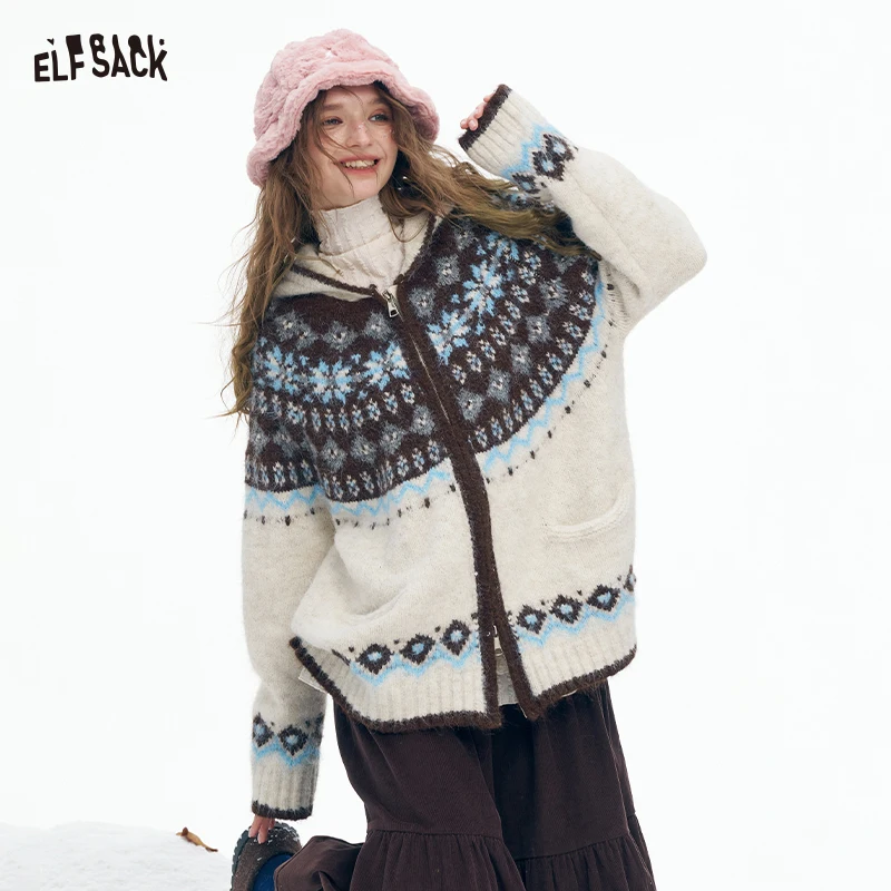 

ELFSACK 2025, зимние новые поступления Y2K, повседневный рождественский полосатый свитер с капюшоном и двойной молнией для женщин