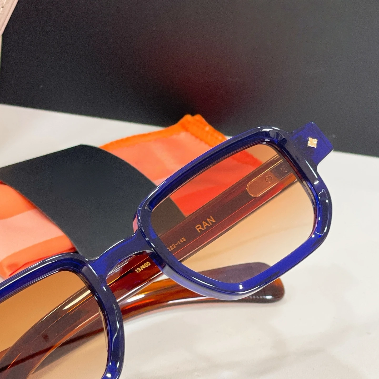 RAN Sunglasses Man,Unique Designer Rectangle Eyewear,Glossy Deep Blue Frame,Wood Texture Temples,UV400 Sun Shades