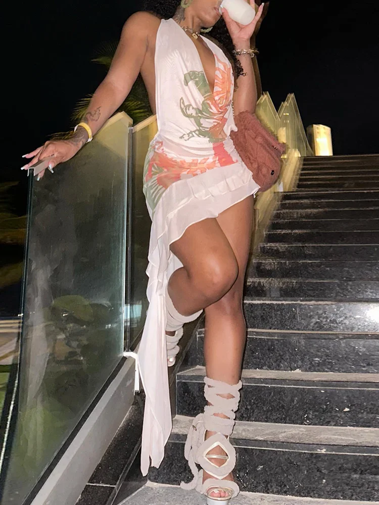Nibber Halter Deep V-Neck Midi Dress Women Elegant See Through Backless Sleeveless Female Bodycon Ruffles Streetwear Clothing