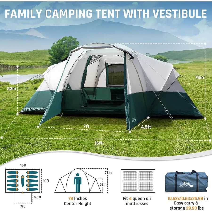 8 10 11 شخص خيمة تخييم مع الشرفة خيام عائلية كبيرة للتخييم PU1000MM خيمة مقاومة للماء مع 5 نوافذ شبكية قابلة للإزالة Ra #6