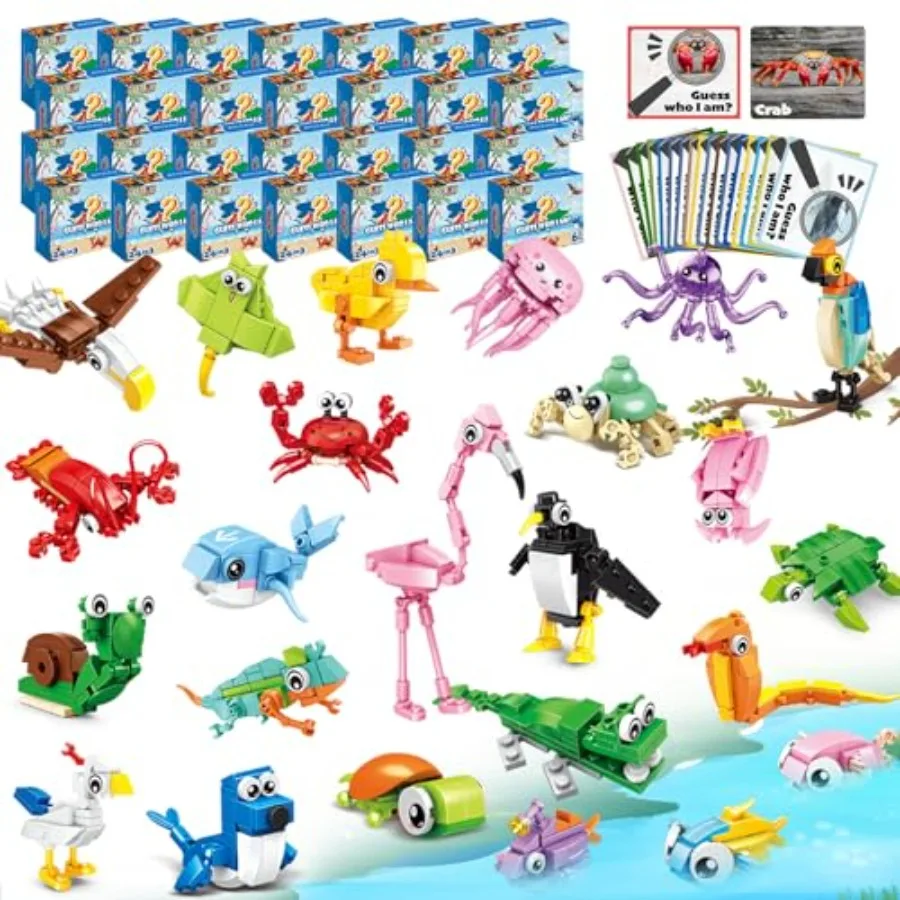 

24 Packs Party Favors for 779 PCS 6-in-1 and 12-in-1 Animal Building Blocks Set with Animal Cards Goodie Bag Fillers, Classroom