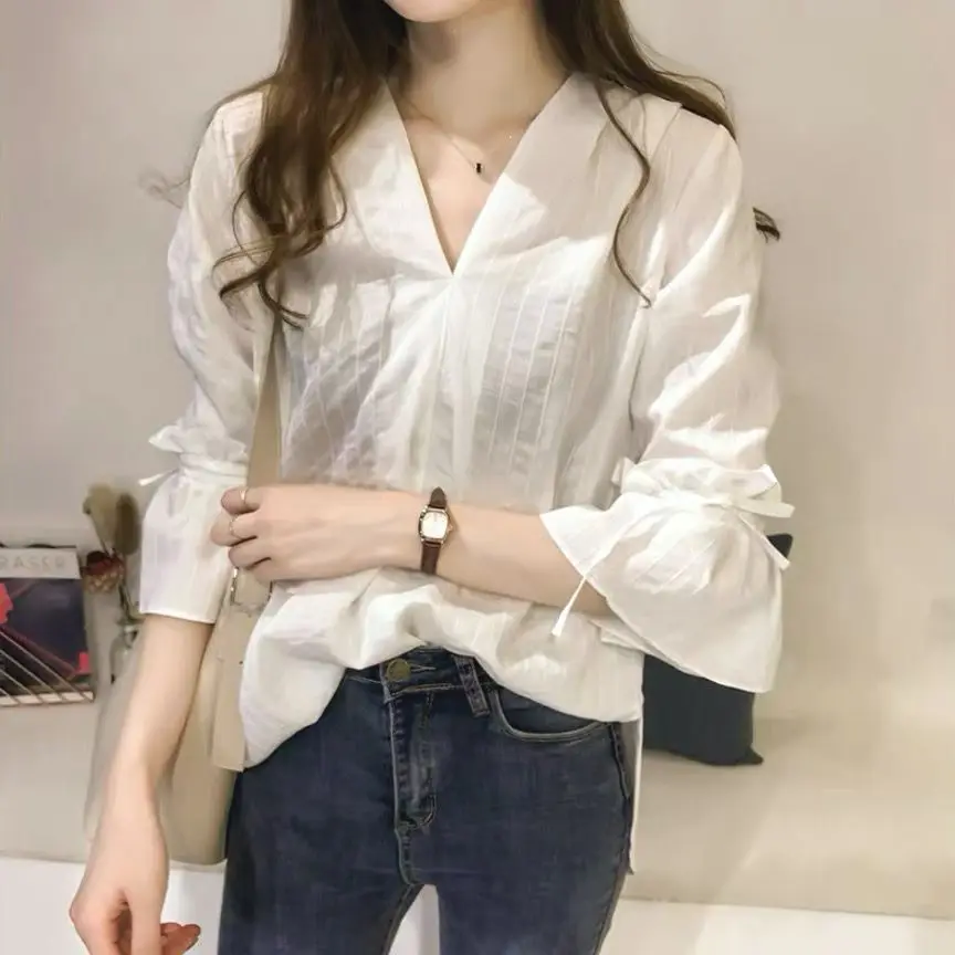 Korean V-Neck Female Flare Sleeve Striped Blouse 2023 New Casual Women\'s Clothing All-match Stylish Folds Spliced Shirt Summer