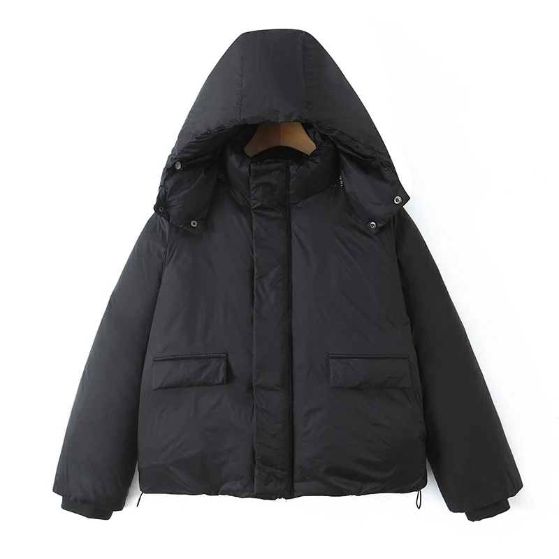 New Women Detachable Hooded Loose Fitting Bread Jacket Front Zipper Long Sleeve Casual Warm Coat Army Green Black Pink