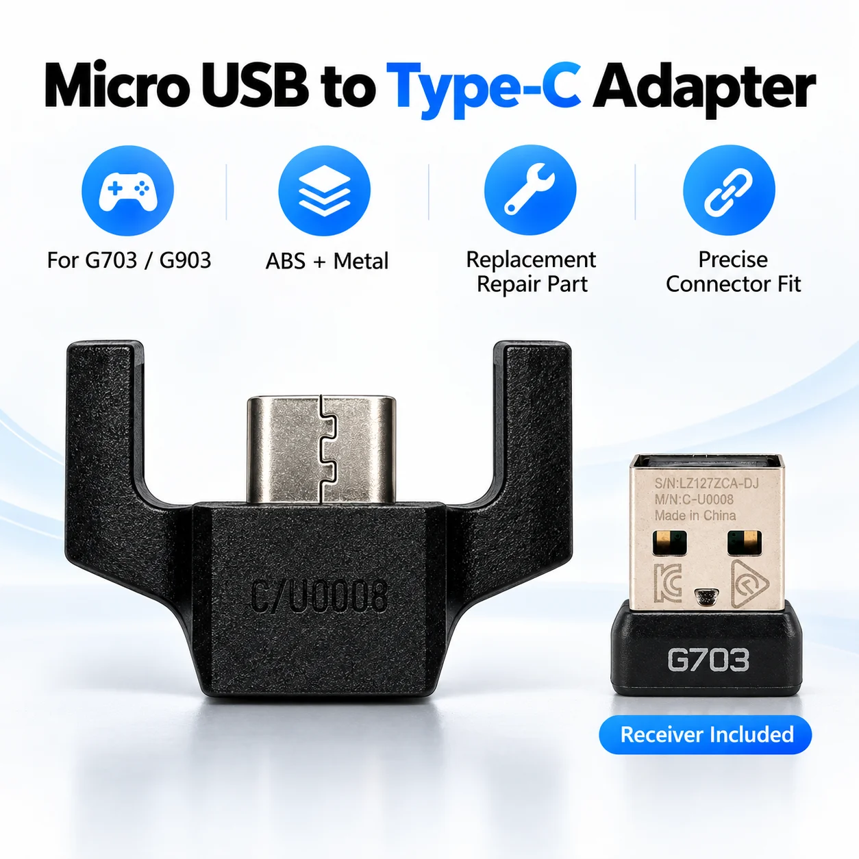 USB Receiver for Logitech G703 Wireless Mouse Micro USB to Type-C Adapter for G703 G903 Mouse Replacement Receiver Repair Parts