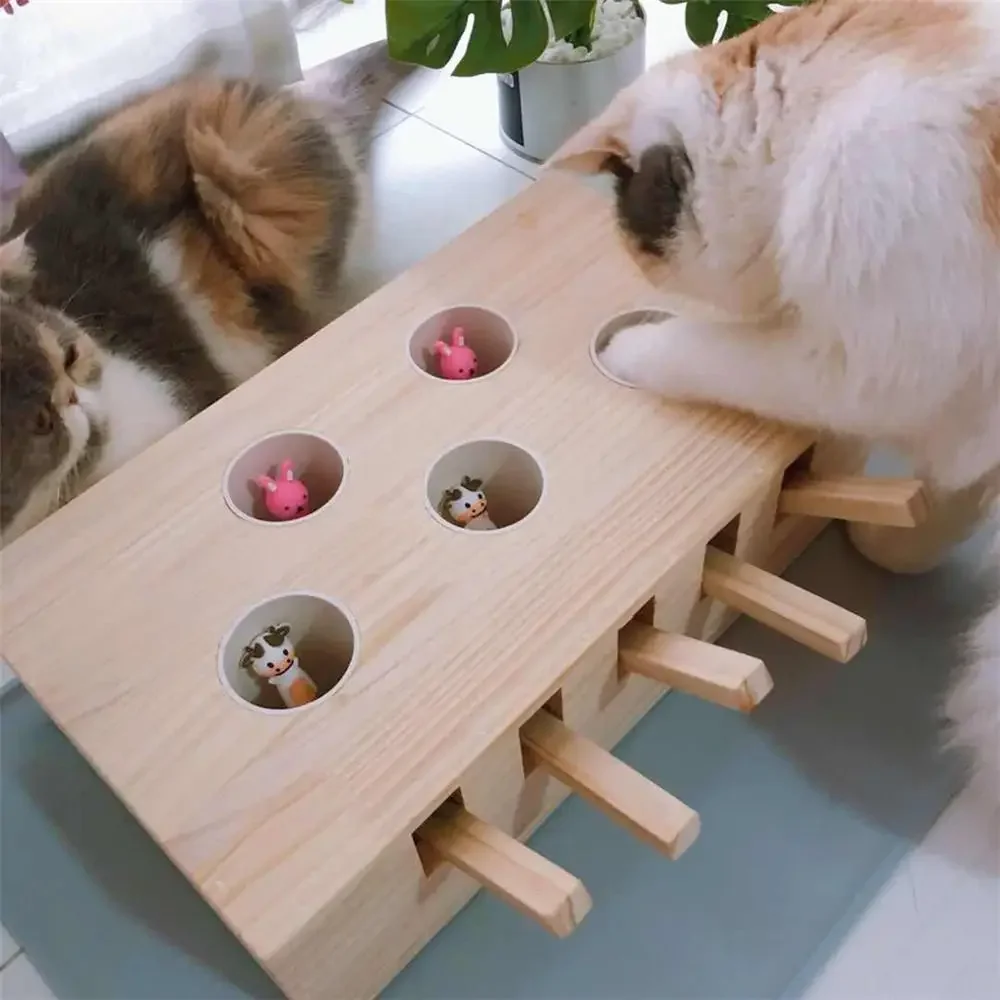 Cat Hunt Toy Chase Mouse Solid Wooden Interactive Maze Pet Hit Hamster with 3/5-holed Mouse Hole Catch Bite Catnip Funny Toy