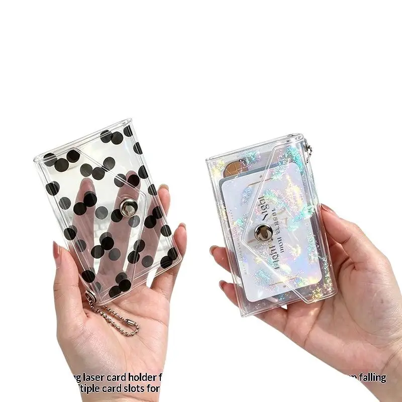 Glitzernder, transparenter dreifach faltbarer PVC-Kartenhalter, Mini-Münzgeldbörse mit Perlenkette und Schlüsselanhänger für Ausweis, tägliche Aufbewahrung, Geschenk. – Detail 5