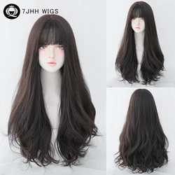 7JHH WIGS High Quality Body Wavy Dark Brown Hair Wig for Women High Density Synthetic Loose Wave Black Tea Wigs with Neat Bangs