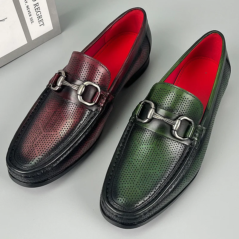 Men Dress Shoes Loafers Genuine Leather Shoes Business Wedding Party Shoes Men Slip On Casual Green Shoes Office Formal Shoes