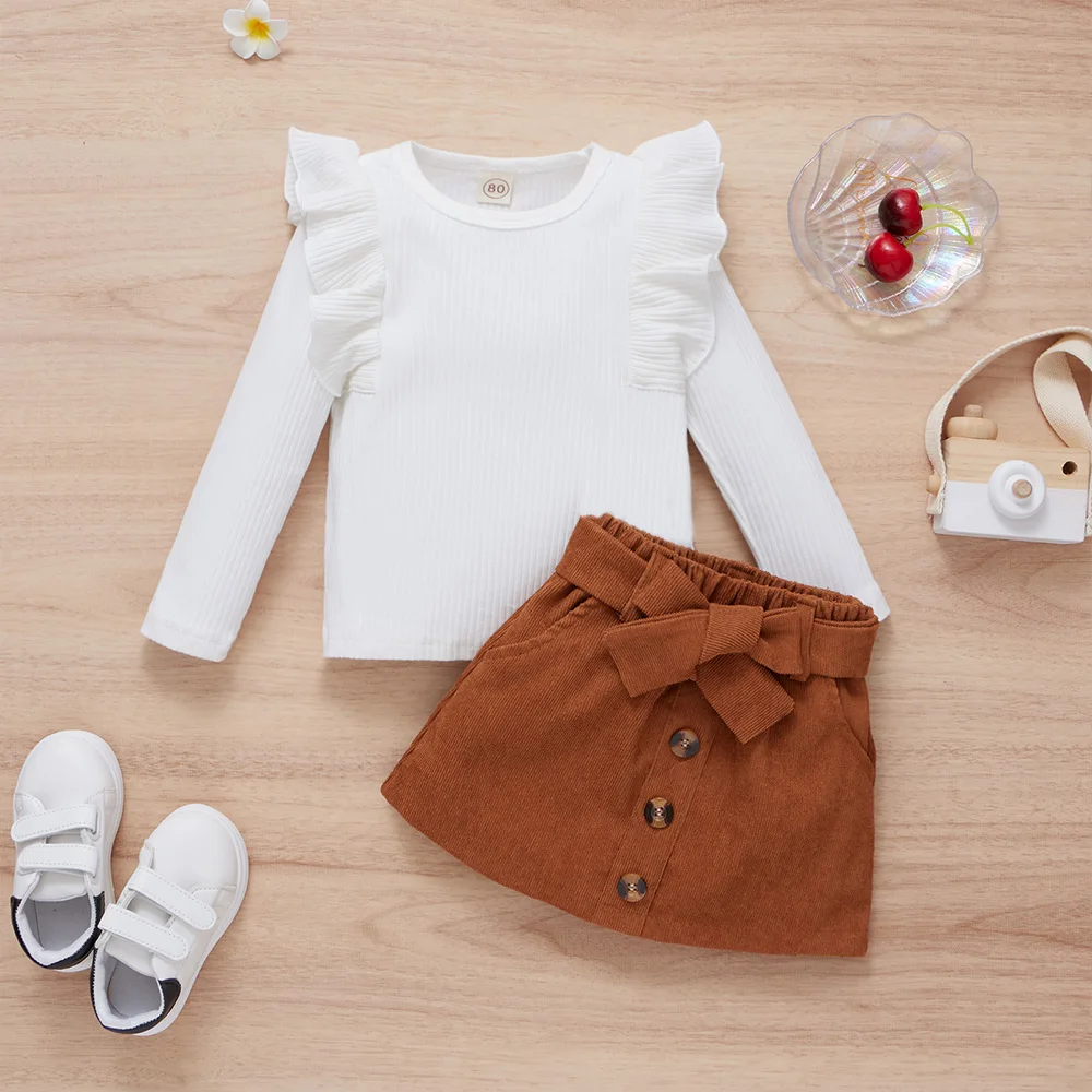 LAPA Cute Fashion Girls Skirt Suit Two-piece Set Baby Girls Solid Ruffle Long Sleeve Top+Corduroy Skirt Autumn New Kids Suit