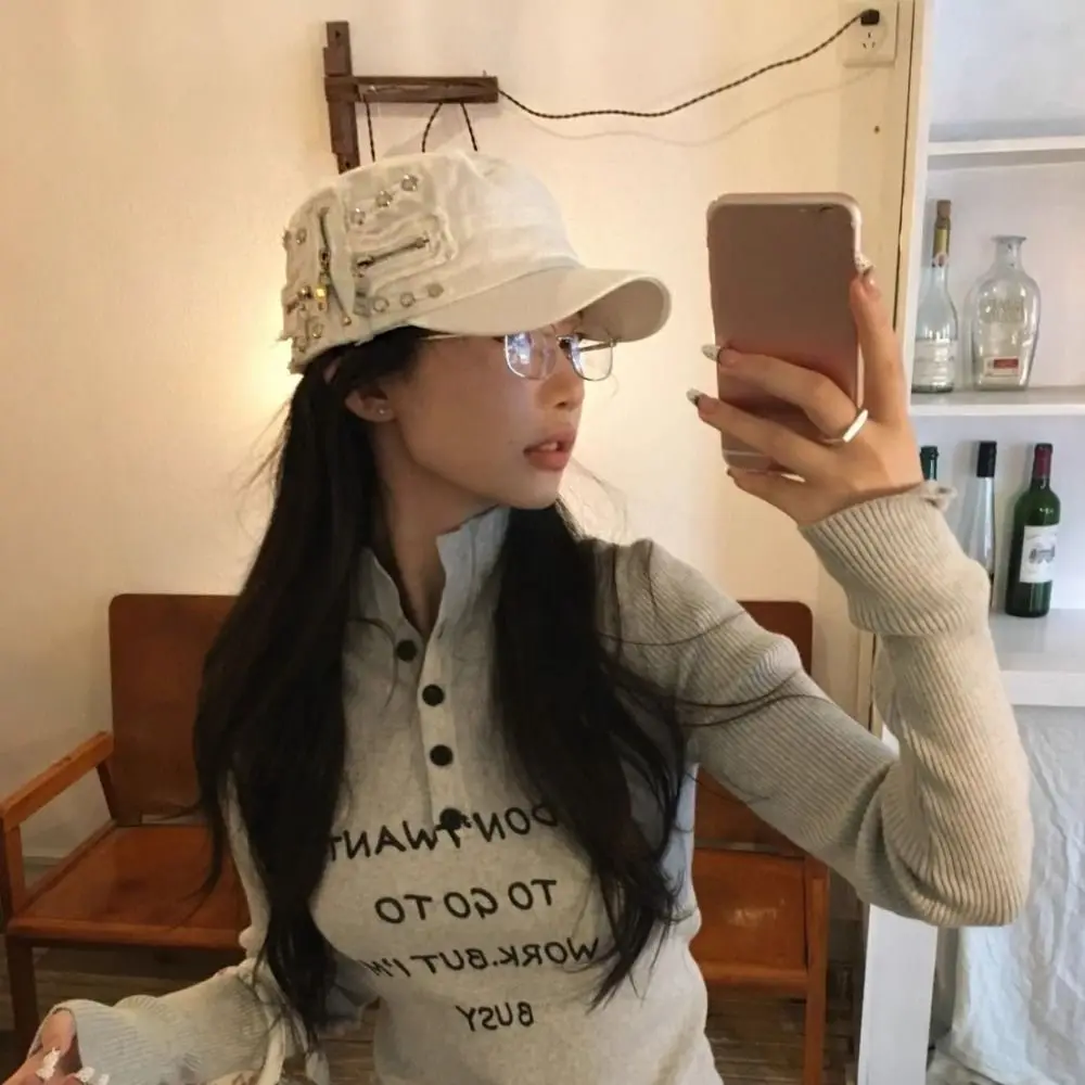 Cloth Rivet Denim Beret Y2k Washed Cotton Metal Rivet Flat Top Hat Zippers Korean Style Retro Baseball Cap Streetwear