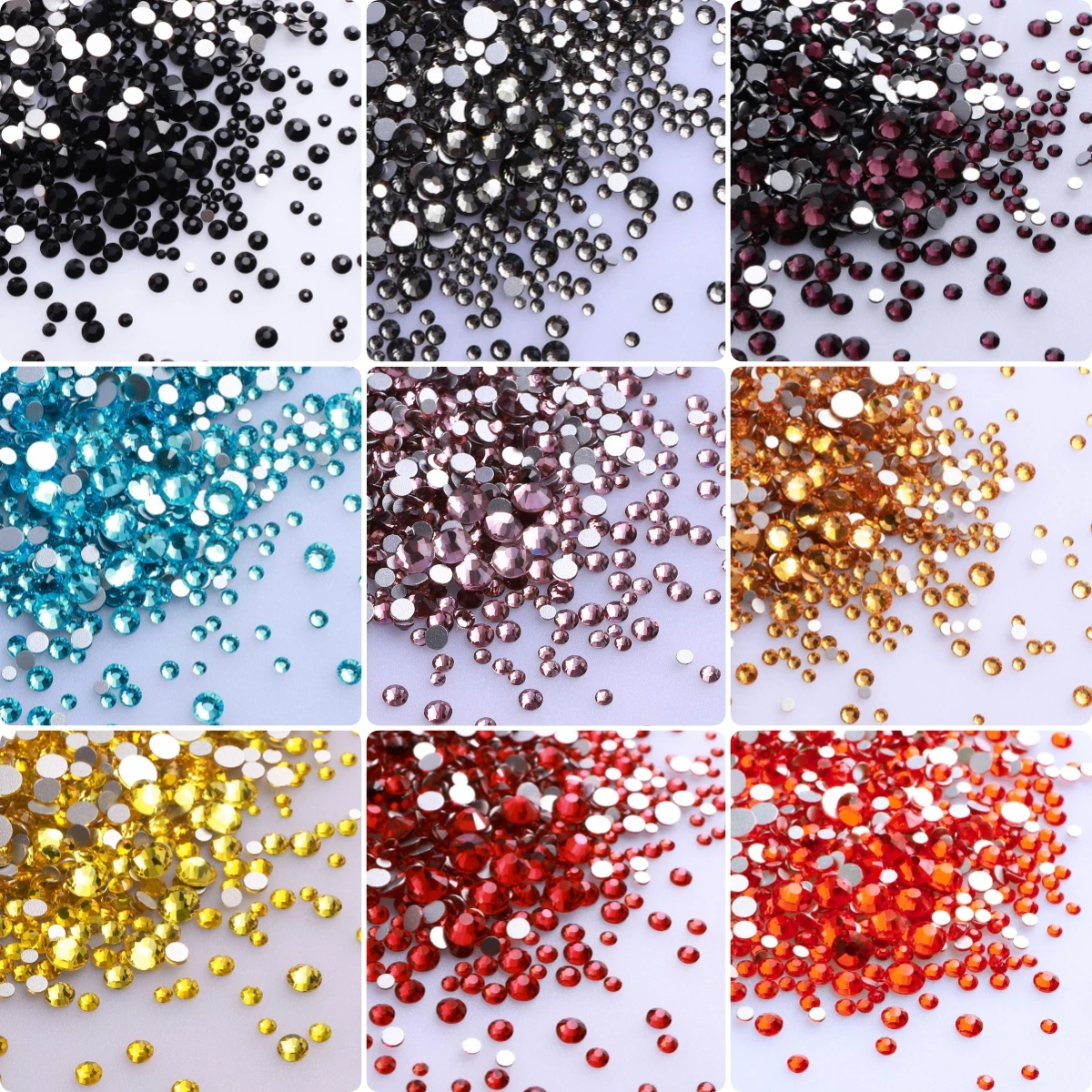 2880Pcs Mix Size Glass Flatback Rhinestone Glitter Round Crystal AB Stones Black Glue On Rhinestone for DIY Nail Art Decoration