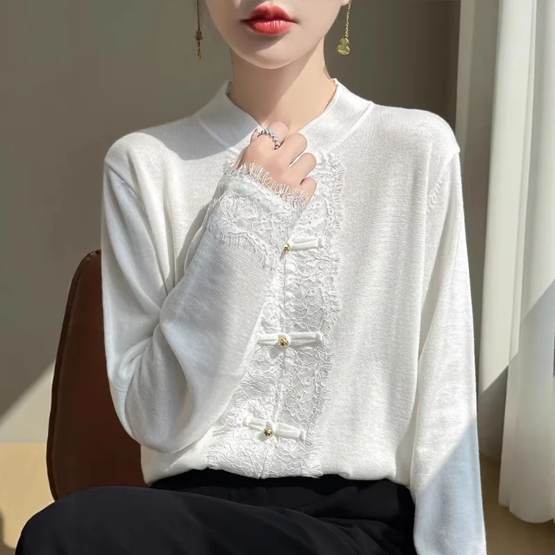 Women Chinese Style Stand Collar Frog Button Lace Wool Knit Sweater Autumn Elegant Pullover Tops