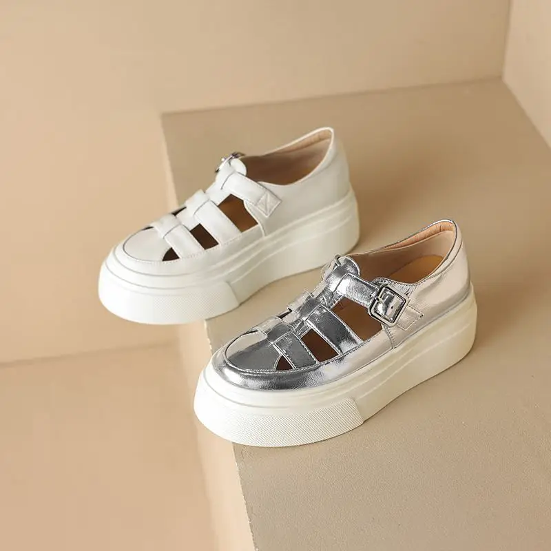 Krazing Pot Genuine Leather Flat Platforms Autumn Vulcanized Shoes Round Toe Sport Shallow Increase Casual Women White Sneakers