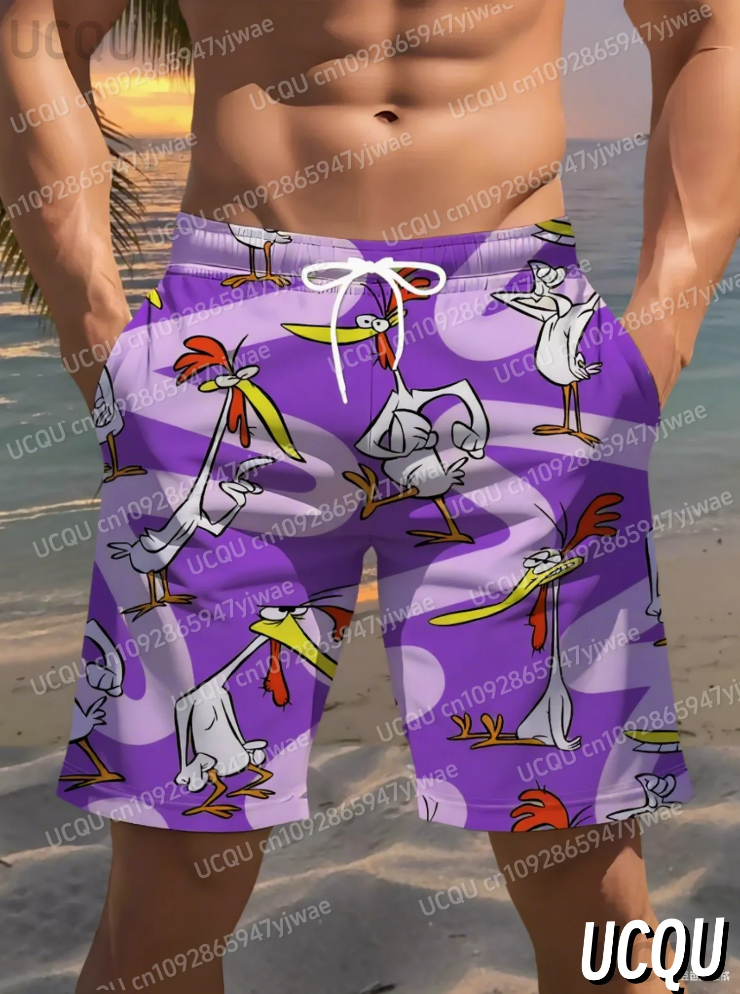 

Летние мужские шорты для доски с мультяшным принтом курицы, плавки на шнурке, эластичные быстросохнущие гавайские пляжные шорты, мужская одежда