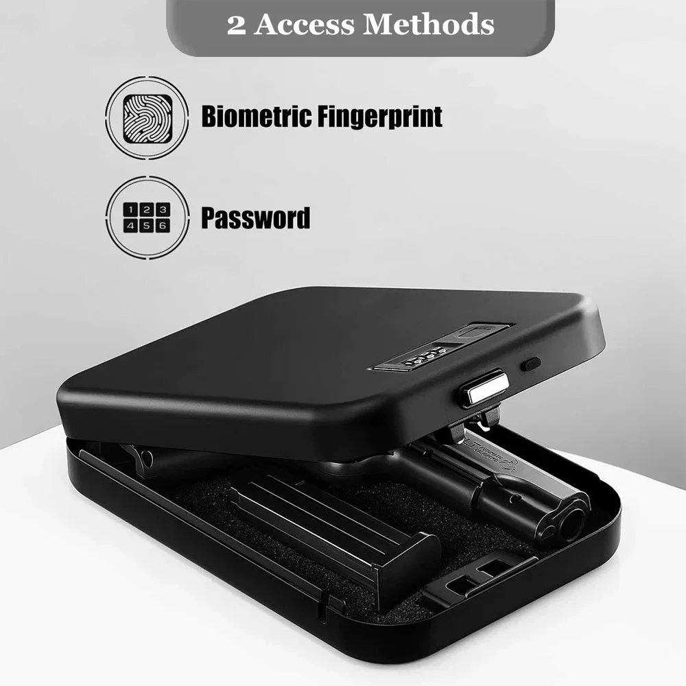 Portable Steel Pistols Gun Safe with Biometric Fingerprint Password Lock for Car Travel Mini Hidden Quick Access Handgun Safer