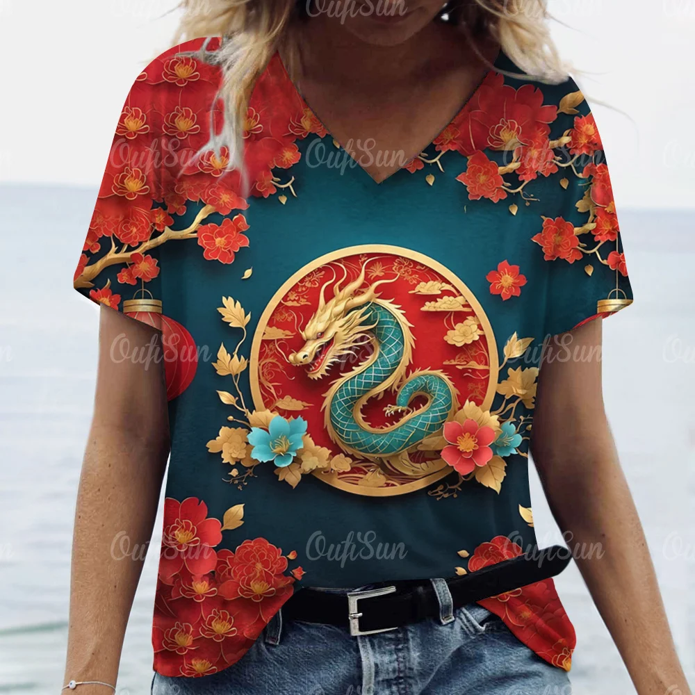 3D Print Dragon T-Shirt For Women Summer V-Neck Casual Short Sleeve Tees Female Fashion Clothing Oversized Street Pullover Tops