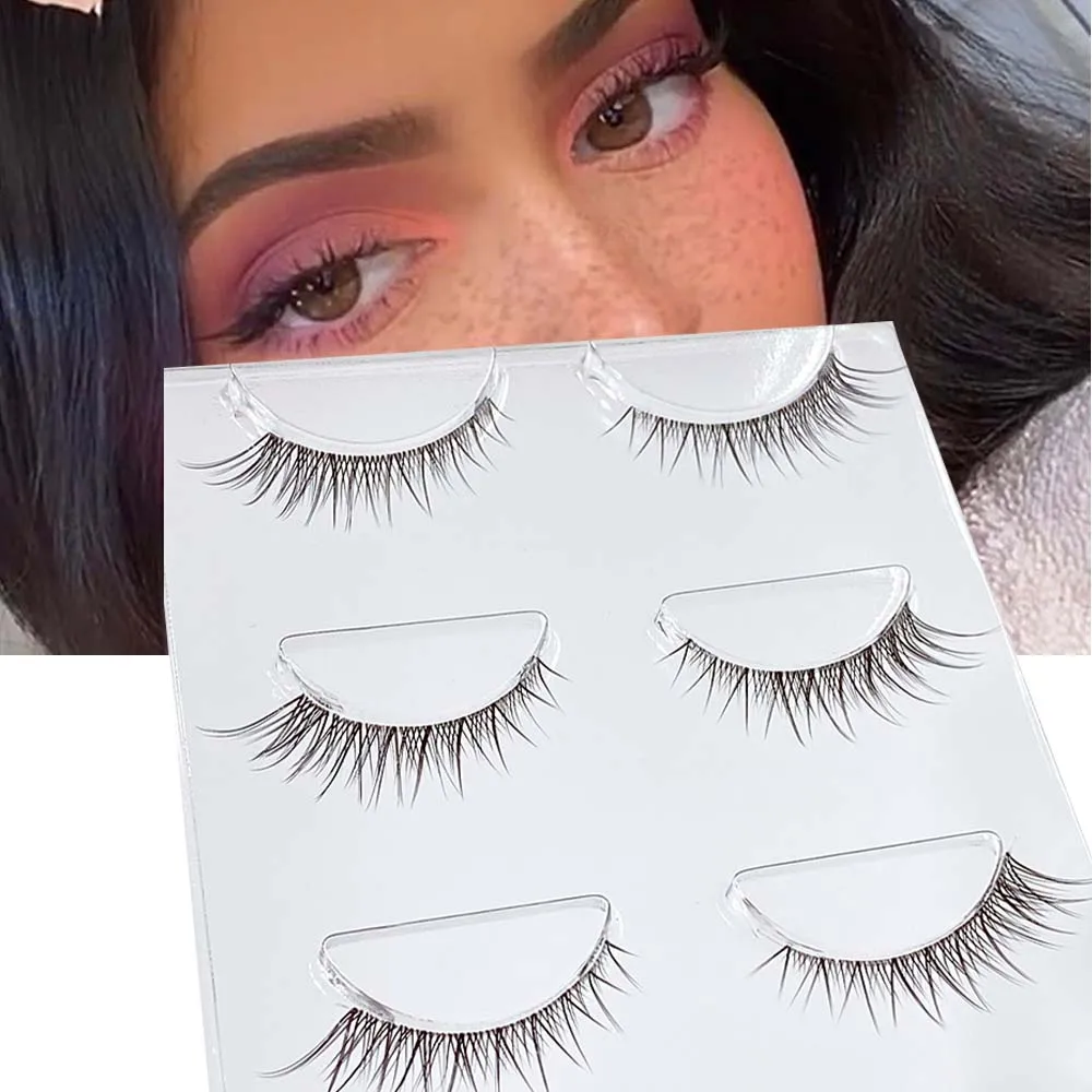 Top sale 3 Pair 3D Mink Lashes Natural HandMade Full Strip Lashes Transparent terrier Short Mink Lashes Style False Eyelashes