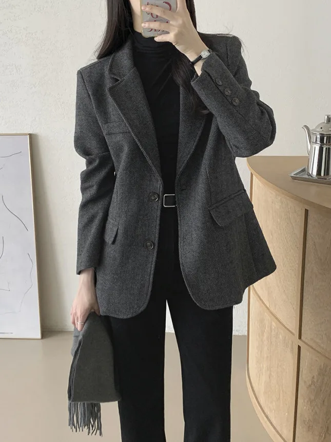 Chic Autumn Winter Retro Single Row Two Button Tweed Suit Jacket Women's Fashion Korean Style Regular Fit Outerwear Coat