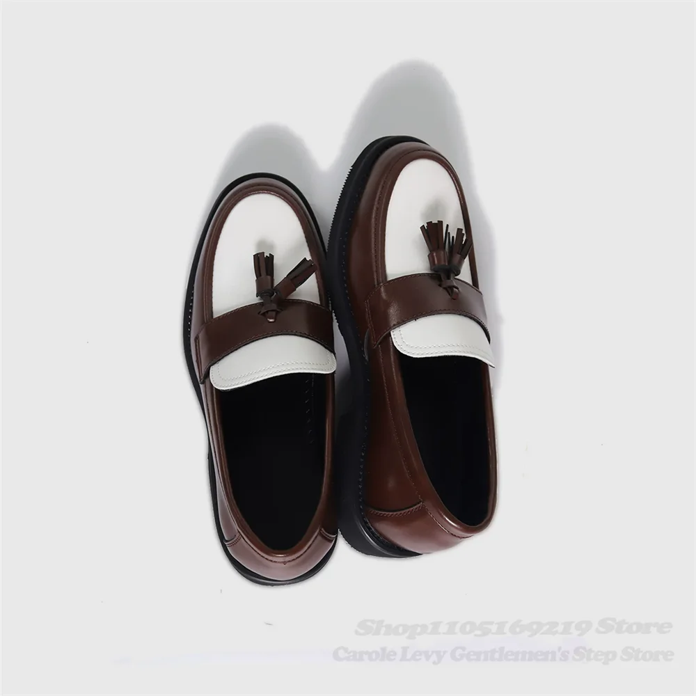 Champagne Color Blocked Flowing Loafers Men's Round Toe Slip On Tassel Decor Casual Commuting Elegant Derby Leather Shoes