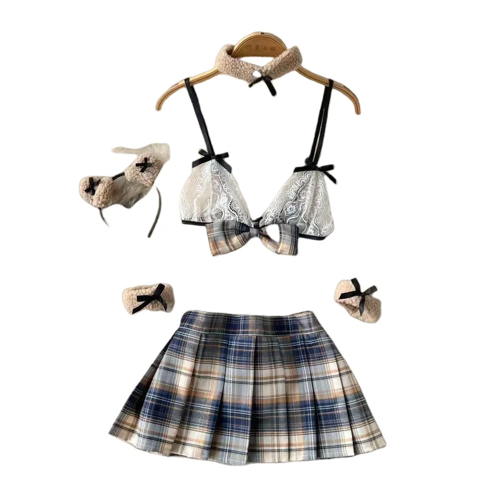Y2K Japanischer Stil Hotweet JK-Anzüge für Damen, Neckholder, ärmellos, mit Schleife, Crop-Tops + Miniröcke, kariert, Patchwork, Damen-Sets, Trend, neu – Detail 6